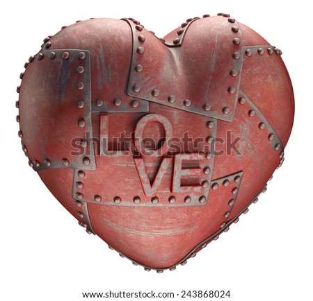Metal heart with the word love. Clipping path included.
