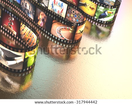 Photographic film with several photos on an uneven table metal. Clipping path included.