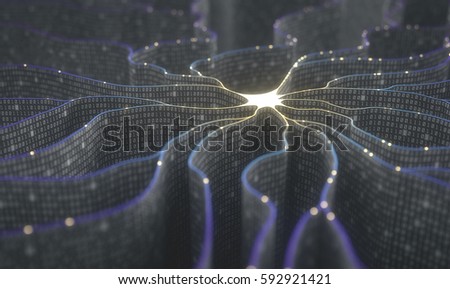 3D illustration. Artificial neuron in concept of artificial intelligence. Wall-shaped binary codes make transmission lines of pulses and/or information in an analogy to a microchip. Сток-фото © 