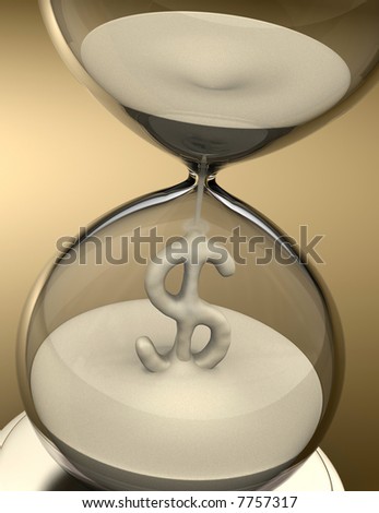 Time is Money (hourglass). The sand falls forming the dollar sign. Concept of business.