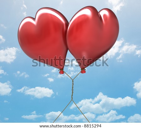 Two balloon hearts together by two cords rolled on the sky.