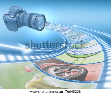 Professional Camera takes pictures. The film strip of pictures enter through the lens. Exclusive Design (Design Concept).