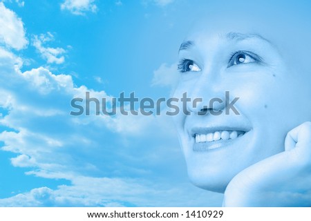 Beautiful young happy smiling woman on artistic sky blue background summer season design