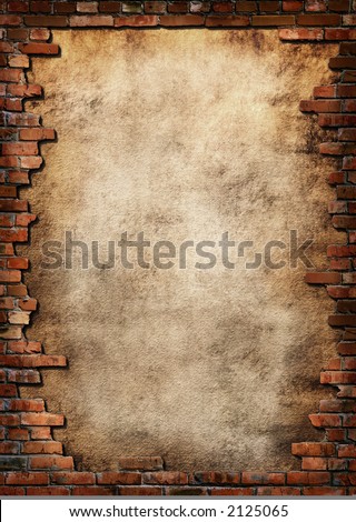 Plaster background with brick wall framing