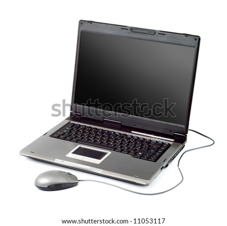 Black high-end laptop computer with mouse isolated on white background with clipping path around display