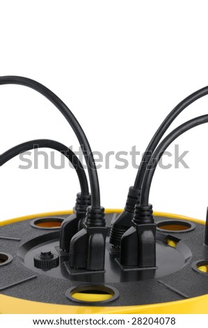 Power cords plugged into extension cord isolated on white background