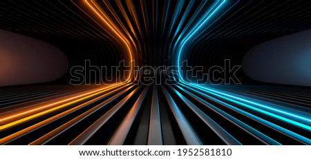 Sci Fy neon glowing lamps in a dark tunnel. Reflections on the floor and walls. Empty background in the center. 3d rendering image. Techology futuristic background.