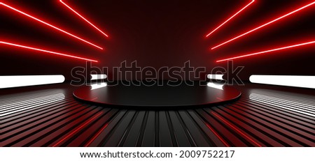Empty stage, podium, place for product. Colored neon lights. 3d rendering image. Blurred reflections on the floor. Place to present a product. 3d rendering image.