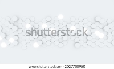 White geometric hexagonal abstract background Surface polygon pattern with glowing hexagons Hexagonal honeycomb. Abstract white self-luminous hexagons Futuristic abstract background 3D rendring image.