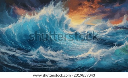 
Bright lightning in a raging sea. A strong storm in the ocean. Big waves. Night thunderstorm. Dark tones. The power of raging nature. Seascape, artwork. Vector illustration design