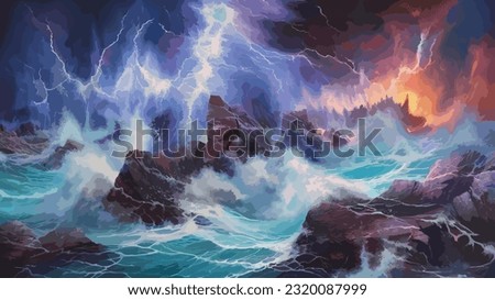 Bright lightning in a raging sea. A strong storm in the ocean. Big waves. Night thunderstorm. Dark tones. The power of raging nature. Seascape, artwork. Vector illustration design