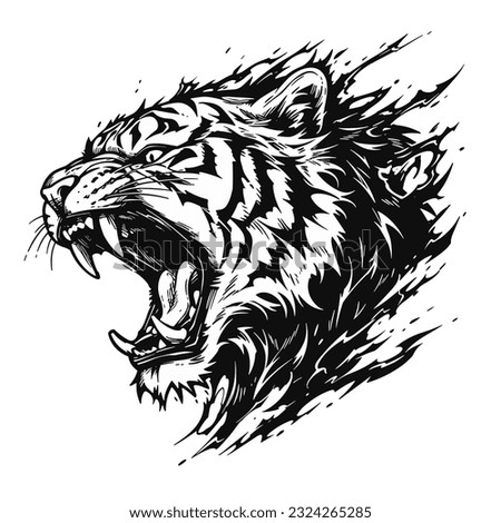 Angry tiger roaring vector art, isolated in white background, vector illustration. Abstract background. Design for tattoo, stickers, t shirts, game mascot sport logo, wall painting, canvas painting.