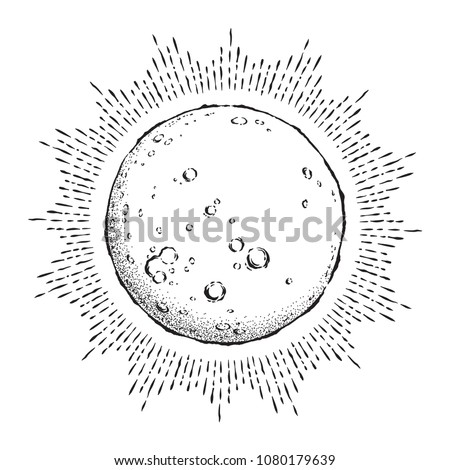 Antique style hand drawn line art and dot work full moon with rays of light. Boho chic tattoo or print design vector illustration