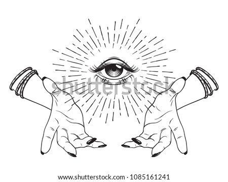 Hand-drawn Eye of Providence in hands of witch, all seeing eye, conspiracy theory, alchemy, religion, spirituality, print or tattoo design vector illustration