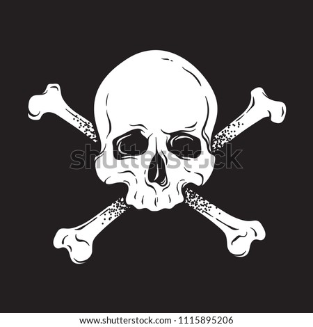 Jolly Roger human skull with crossbones isolated hand drawn vector illustration. Print, logo template, poster, sticker, flash tattoo or t-shirt design