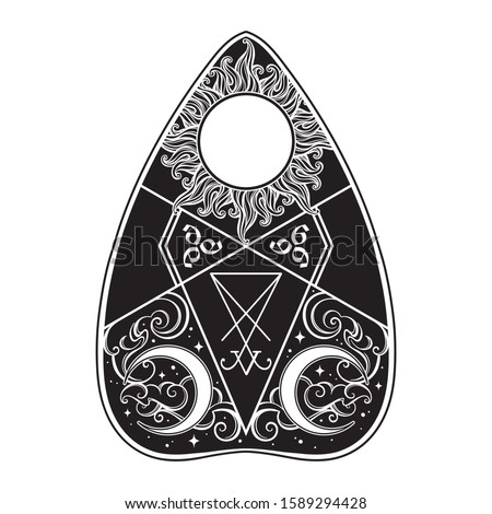 Planchette for spirit talking board vector illustration. Mediumship divination equipment, alchemy, religion, spirituality, occultism antique style boho sticker, flash tattoo or print design drawing