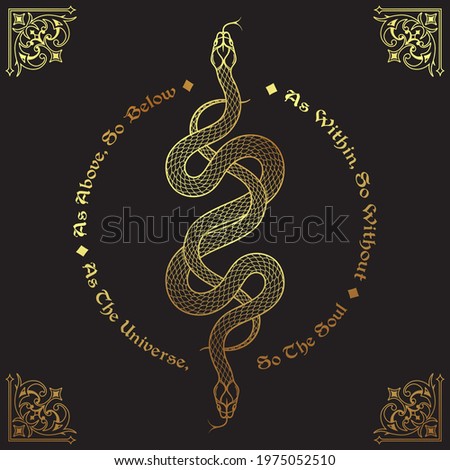 Two gold serpents intertwined. Inscription is a maxim in hermeticism and sacred geometry. As above, so below. Tattoo, poster or print design vector illustration.