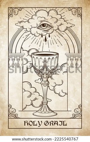 Holy grail goblet and eye of God in front of the gothic arch vector illustration. Hand drawn gothic style placard, poster or print design