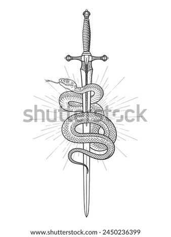 Antique ornate sword and snake with sunburst concept hand drawn isolated vector illustration