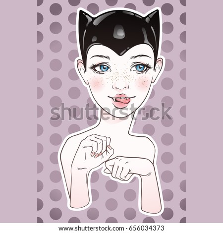Cartoon girl sticker design over cute purple background with dots hand drawn vector illustration.