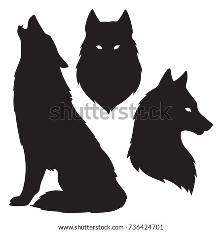 Set of wolf silhouettes isolated. Sticker, print or tattoo design vector illustration. Pagan totem, wiccan familiar spirit art.