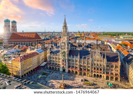 Similar – Image, Stock Photo Munich skyline, view from Monopteros temple in Englischer Garten, Germany. The image shows: Bavarian State Chancellery, Tower of St. Peter Church, Tower of New Town Hall, Frauenkirche, Theatinerkirche