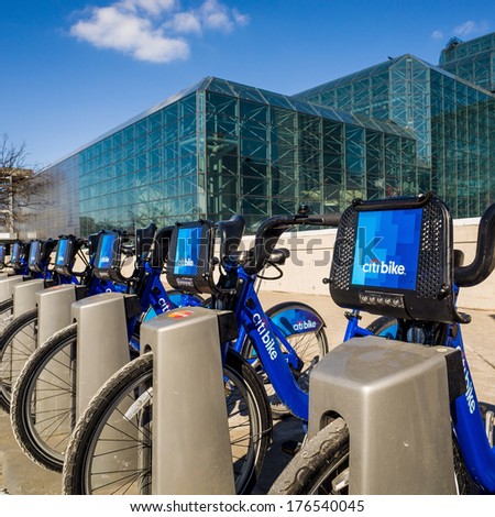 New York City - February 10, 2014: Citi Bike is New York City\'s bike sharing system on February 2014. Intended to provide people with an additional transportation option for getting around the city.