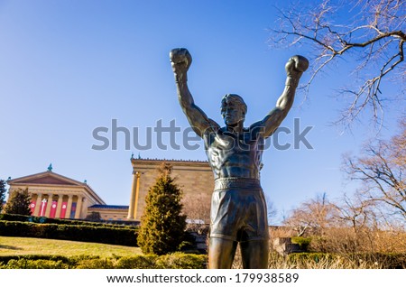 PHILADELPHIA - FEB 27: The Rocky Statue in Philadelphia, USA, on February 27, 2014. Originally created for the movie Rocky III, the sculpture is now a real-life monument to a celluloid hero