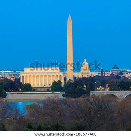 Washington DC skyline including Lincoln Memorial, Washington Monument and United States Capitol building at twilight