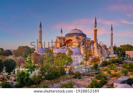 Beautiful view on Hagia Sophia in Istanbul, Turkey from top view at sunset