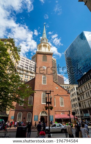 Boston - May 20:Old South Meeting House in down town Boston on May 20, 2014. It is a historic church building at the corner of Milk and Washington St. in Boston, Massachusetts. Built in 1729