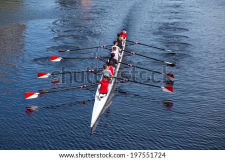 BOSTON, MA - MAY 30: A Harvard\'s Crimson Lightweight Crew practicing for a race in the Charles River in Massachusetts, USA on May 30, 2014