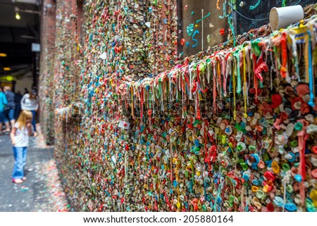 SEATTLE- JULY 5 : The Market Theater Gum Wall in downtown Seattle on July 5, 2014. It is a local landmark in downtown Seattle, in Post Alley under Pike Place Market.