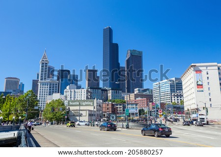 SEATTLE - JULY 5: Downtown Seattle on July 5, 2014. In 1989, building heights in Downtown and adjoining Seattle suburbs were tightly restricted following a voter initiative.