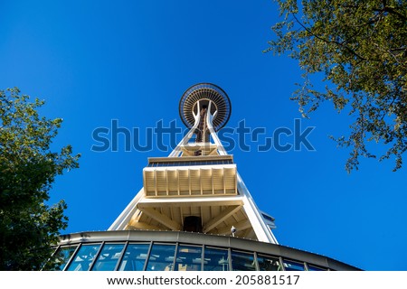 SEATTLE - JULY 5:  The Space Needle in Seattle on July 5, 2014. A symbol of Seattle. It was built in the Seattle Center for the 1962 World\'s Fair.