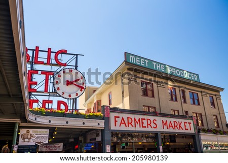 SEATTLE - JULY 5: The Public Market Center also known worldwide as Pike Place Market in Seattle, Washington on July 5, 2014.