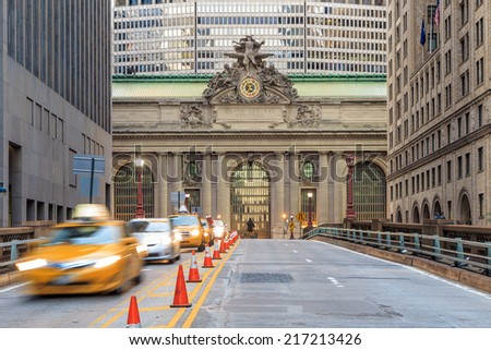 Facade of Grand Central Terminal  in New York, USA with a yellow cap