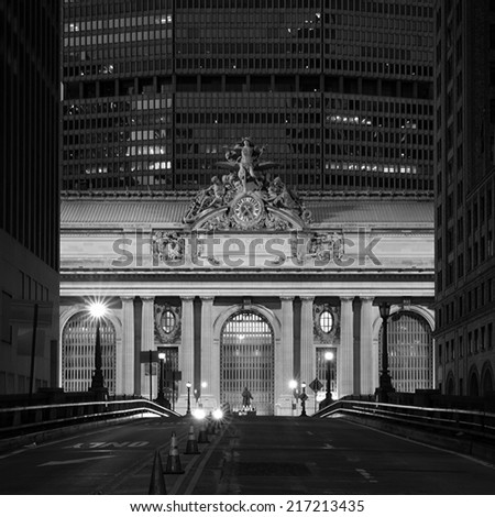 Facade of Grand Central Terminal at twilight in New York, USA in black and white