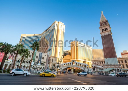 LAS VEGAS - OCT 29 : View of the strip on October 29, 2014 in Las Vegas. The Las Vegas Strip is an approximately 4.2-mile stretch of Las Vegas Boulevard in Clark County, Nevada.