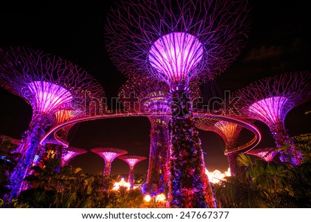 SINGAPORE-DEC 16 : Futuristic view of amazing illumination at Garden by the Bay on Dec 16, 2014 in Singapore. Night light show at Supertree Groveis is main Marina Bay Sands district tourist attraction