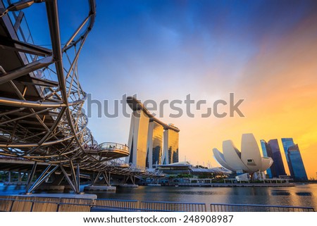 SINGAPORE-DEC 16, 2014:  View of Singapore skyline of Marina Bay Sands on December 16, 2014. Marina Bay Sands is billed as the world\'s most expensive standalone casino property at S$8 billion.