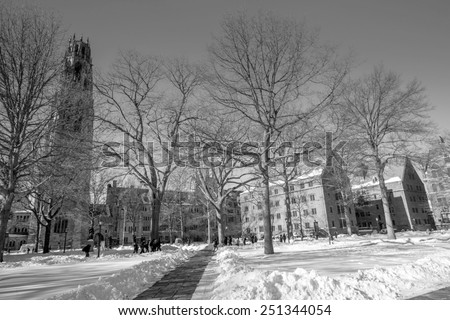 Yale university buildings in winter after snow storm Linus in New Haven, CT USA in black and white