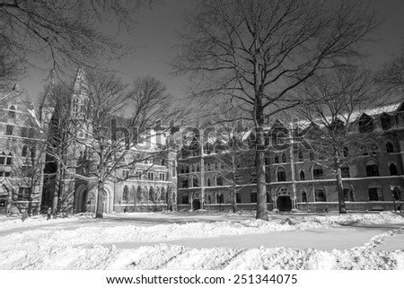 Yale university buildings in winter after snow storm Linus in New Haven, CT USA in black and white