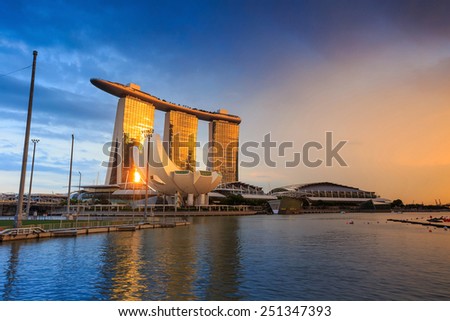 SINGAPORE-DEC 16, 2014:  View of Singapore skyline of Marina Bay Sands on December 16, 2014. Marina Bay Sands is billed as the world\'s most expensive standalone casino property at S$8 billion.