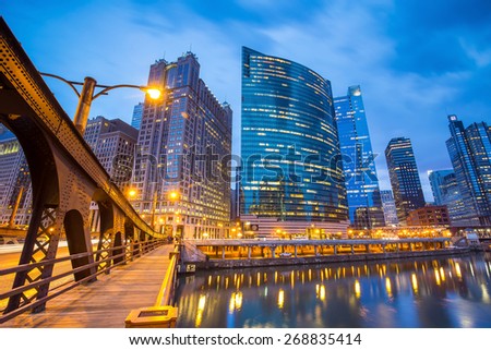 Chicago downtown and Chicago River at night.