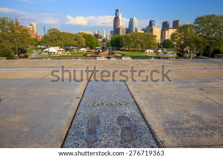 PHILADELPHIA - May 8: The Rocky Steps in Philadelphia, USA, on May 8,2015 The bronze inlay of sneaker footprints with the name 