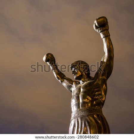 PHILADELPHIA - May 6: The Rocky Statue in Philadelphia, USA, on May 6, 2015. Originally created for the movie Rocky III, the sculpture is now a real-life monument to a celluloid hero