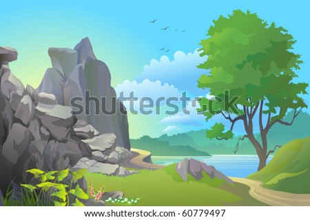 BEAUTIFUL LANDSCAPE OF PATHWAY BY ROCKY HILLS AND A LAKE