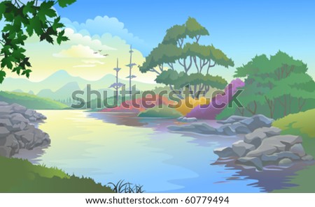 Beautiful landscape of a river flowing by hills and plains