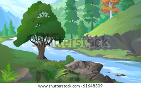 OLD TREE BY RIVERSIDE  AMIDST HILLS  AND ROCKS